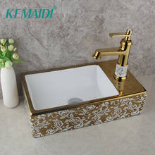 KEMAIDI Sink Hot Cold Water Mixer +Bathroom Washbasin Above Counter Basin European Ceramic Sink Art Basin Gold Wash Basin Square 2024 - buy cheap
