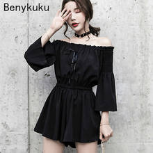 Sexy Backless Off Shoulder Black Playsuits Summer Women Elastic Waist Casual Loose Flare Sleeve Wide Leg Gothic Fashion Rompers 2024 - buy cheap