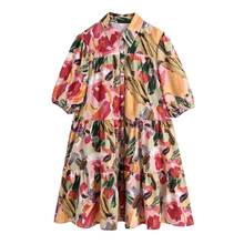 DiYiG WOMAN 2021 summer new women's lapel long-sleeved button decoration loose stitching oil painting printed dress 2024 - buy cheap