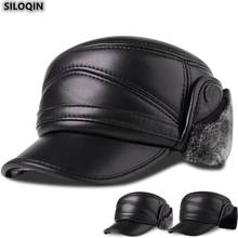 SILOQIN-Gorro plano de piel de oveja para hombre, gorros militares de terciopelo térmico grueso, orejeras de piel auténtica, a la moda 2024 - compra barato