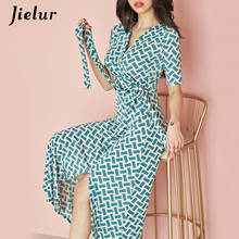 Jielur-vestido longo feminino, elegante vestido de verão, moda 2021, verde, xadrez, decote em v, fenda lateral, festa de praia, férias, feminino 2024 - compre barato