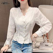 Blusa estereoscópica bordada de algodón puro para mujer, camisa de manga larga con estampado Floral, color blanco, 2021 2024 - compra barato