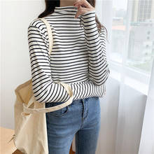 2019 women's autumn and winter new Korean version of the semi-high collar Slim striped long-sleeved cotton shirt T-shirt bottomi 2024 - buy cheap
