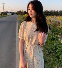 Damasco flor impressão vestido de verão coreano o-pescoço manga curta elegante vestido longo midi cintura alta rendas até vestido chiffon boho 2024 - compre barato