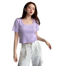 Summer Square Collar Corset Lace Knit Tshirt French Style Solid Color Ladies High Waist Short Sleeve Tee 2024 - buy cheap