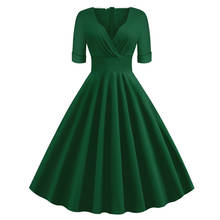 Elegant Office Lady A Line Dress Green Sexy V Neck Short Sleeve Retro Rockabilly Swing Dress Elegant Women Cotton Vintage Dress 2024 - buy cheap