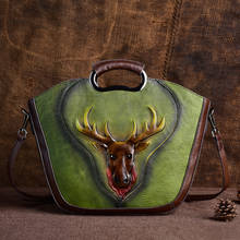 First Layer Cowhide Women Shoulder Tote Vintage Embossed Bag Deer Pattern Crossbody Genuine Leather  Female Top Handle Bag 2024 - buy cheap