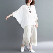 Summer large size 8XL 9XL 10XL stitching solid color cotton and linen bat sleeves loose casual shirt female t-shirt bust 185CM 2024 - buy cheap