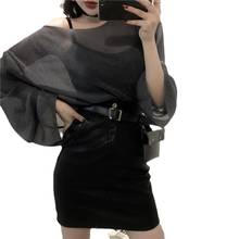 Women 2019 Spring Summer Fashion Chiffon Shirts 2pc O Neck Black Sexy See Through Sheer Blouse Flare Sleeve Tops Casual Shirts 2024 - buy cheap