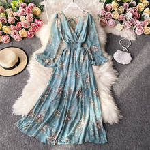 2021 summer v-neck flare sleeve high waist floral dresses fashion chiffon women dresses elegant female dresses LJ3123 2024 - buy cheap