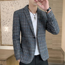 Traje xadrez masculino, jaqueta slim slim slim, pequeno, estilo coreano, jaqueta ocidental única 2024 - compre barato