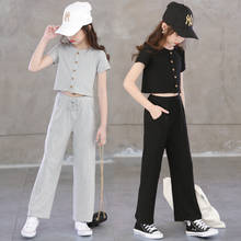 New Summer 2021 Cotton Girls Two-Piece Set Teen Girls T-shirt and Wide Leg Pants Set Kids Girls Leisure Clothes Set, #8769 2024 - buy cheap