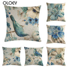 Azul europea flores y aves algodón cojín de lino cubierta casa sofá almohada | Almohada decorativa para silla de coche sofá 45x45cm 2024 - compra barato