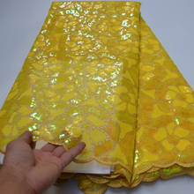 (5 ярдов/шт) высокое качество желтый цвет африканские блёстки чистая кружева Фантастическая вышитая французская кружевная ткань для вечерние платья FLP250 2024 - купить недорого