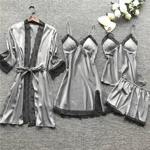 Conjunto feminino plus size de pijamas, conjunto de 4 peças pijama seda cetim com alça fina 2024 - compre barato