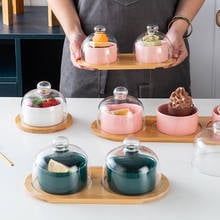 Ceramic Dessert Bowl Three Grid Large Snack Plate Luxury Multicolor Fruit Salad Ice Cream Bowl Pudding Cup Bamboo Tray Glass Lid 2024 - buy cheap