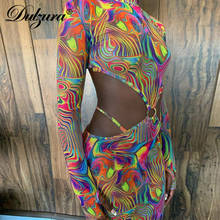 Dulzura Tie Dye Women Mesh Long Sleeve Mini Dress Sheer See Through Hollow Out Bodycon Sexy Streetwear 2021 Summer Club Party 2024 - buy cheap