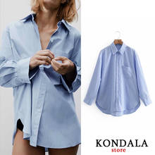 Kondala 2020 camisa feminina fashion, escritório, senhora, estampa listrada, camisas compridas soltas, mulher, manga comprida, blusas de botão tamanho grande 2024 - compre barato