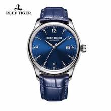 Reef tiger/rt-relógio automático para homens, aço inoxidável, mostrador azul, pulseira de couro, data, vidro safira 2024 - compre barato