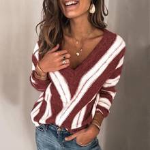 Fashion Women Color Block Stripe V Neck Long Sleeve Loose Sweater Pullover Blouse Top 2024 - buy cheap