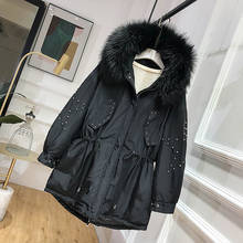 Casaco longo com gola de pele com capuz, jaqueta quente para mulheres inverno coreana 2024 - compre barato