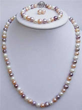 7-8mm Multicolor Akoya Cultured Pearl Necklace + Bracelet + Earrings Set 2024 - buy cheap