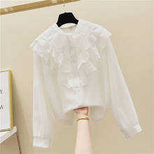 Blusas femininas casuais de renda e manga longa, blusas soltas brancas com gola boneca de renda 2024 - compre barato
