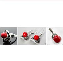 Free Shipping   Lady's designed Red Carved Lacquer Marcasite 925 Sterling Silver Ring(#7-10) Earrings & Pandent jewelry sets 2024 - buy cheap