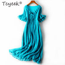 Tcyeek Summer Dress 100% Real Silk Dress Women Clothes 2020 Boho Ruffles Maxi Dresses Vinatge Elegant Ladies Vneck Vestido 98005 2024 - buy cheap