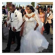 Laço africano sereia vestidos de casamento gola alta mangas compridas vestidos de noiva apliques pérolas robe de mariee 2024 - compre barato