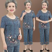 Middle-aged Women's Summer Sets Fashion Printing T-shirt Tops & Seven Points Pants 2 Pcs Sets Suit Grandma Summer Clothing 5XL 2024 - buy cheap