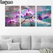 5d quadrado completo/redondo diamante pintura arte 3 peça diamante bordado tríptico roxo magnólia para sala de estar decoração casa 2024 - compre barato