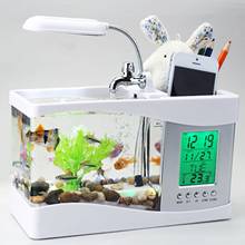 USB настольный мини аквариум Стекло ЖК-дисплей Таймер Часы светодиодный светильник светодиодный аквариум для рыбок Будильник белый 2024 - купить недорого