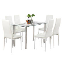 Juego de mesa de comedor Simple de vidrio transparente y hierro, mesa de cena + 6 uds., elegante textura de pelado, sillas de comedor con respaldo alto blanco 2024 - compra barato