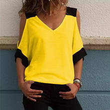 Camiseta feminina patchwork ombro de fora 5xl, plus size, decote em v, meia manga, camiseta feminina, verão, casual 2024 - compre barato