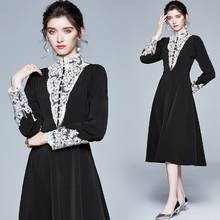 Vestido Vintage ajustado de terciopelo negro para mujer, ropa con cuello de encaje, retales, primavera y otoño, 2021 2024 - compra barato