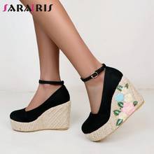 Flower Desigh Ankle Strap Pumps Women Wedding Pumps Ladies  Chunky Heel Weges Shoes 2024 - buy cheap