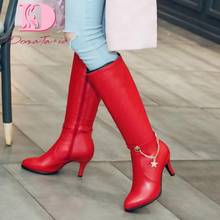 DoraTasia New Fashion Female Mid Calf Boots Pointed Toe High Heels Chain Metal Decoration Boots Women 2020 Concise Shoes Woman 2024 - buy cheap