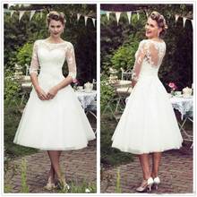 Vintage 50's Style Short Lace Wedding Dresses Half Sleeves Tulle Lace Applique Tea Length Bridal Wedding Gowns with Buttons 2024 - buy cheap