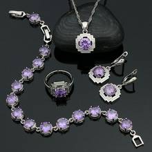 925 Silver Jewelry Set for Women Purple Cubic Zirconia Square Earrings Ring Pendant Necklace Bracelet Birthday Gift 2024 - buy cheap