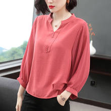 Women Spring Summer Style Chiffon Blouses Shirts Lady Casual Half Lantern Sleeve V-Neck Ruffles Decor Blusas Tops DF3734 2024 - buy cheap