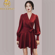 High Quality Black Red wine Office Shirt Dress 2020 Spring Women Long Sleeve V-Neck Fold High Waist Draped Sexy Party Mini Dress 2024 - buy cheap
