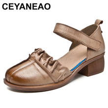 CEYANEAO-Sandalias de piel auténtica hechas a mano para mujer, zapatos de tacón grueso Retro con punta cerrada hueca, para verano, 2020 2024 - compra barato