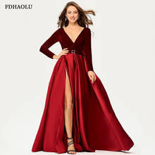 Fdhaolu ae126 vestido de noite longo borgonha, vestido formal de cetim com decote em v e manga longa, elegante com fenda alta para noite 2024 - compre barato