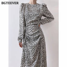 BGTEEVER Elegant O-neck Full Sleeve Leopard Female Dress 2021 Spring Summer Drawstring Slim Waist Ruched Women Dress Vestidos 2024 - buy cheap