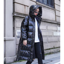 Jaqueta de inverno preto brilhante, casaco longo inverno feminino, acolchoado, quente, plus size, com capuz, sobretudo 2024 - compre barato