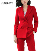 Junelove novo blazer de trabalho para escritório, calças femininas duplas breasted ol, terno, jaquetas com calça, conjunto com duas peças, fundo vermelho 2024 - compre barato