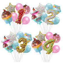 7 pçs donut festa de aniversário feliz bolo de chocolate sobremesa balão de alumínio festa de crianças decoração número bolas de brinquedo do chuveiro do bebê 2024 - compre barato
