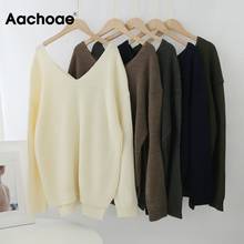 Aachoae pulôver feminino elegante com decote em v, outono 2020, sólido, casual, básico, tops, manga comprida, soltos, suéteres 2024 - compre barato