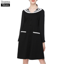 Spring New Lace Stitching Long Dress Women V-Neck Long Sleeve Single-Breasted Vintage Slim Dresses Black Plus size Loose Clothes 2024 - buy cheap